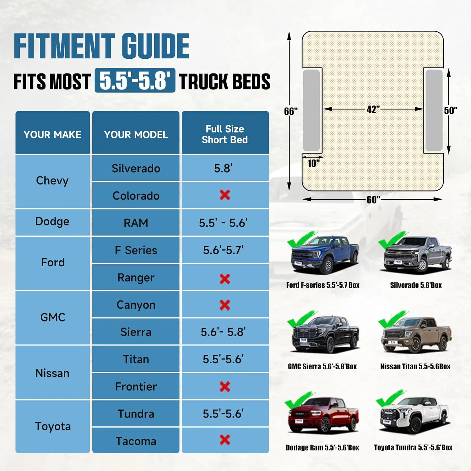 Truck Bed Air Mattress, Full Size Truck Beds, Inflatable Air Mattress Bed with Air Pump 2 Pillows, Carry Bag, Pickup Bed Air Mattress for Chevrolet Silverado, Dodge Ram, Ford, Blue
