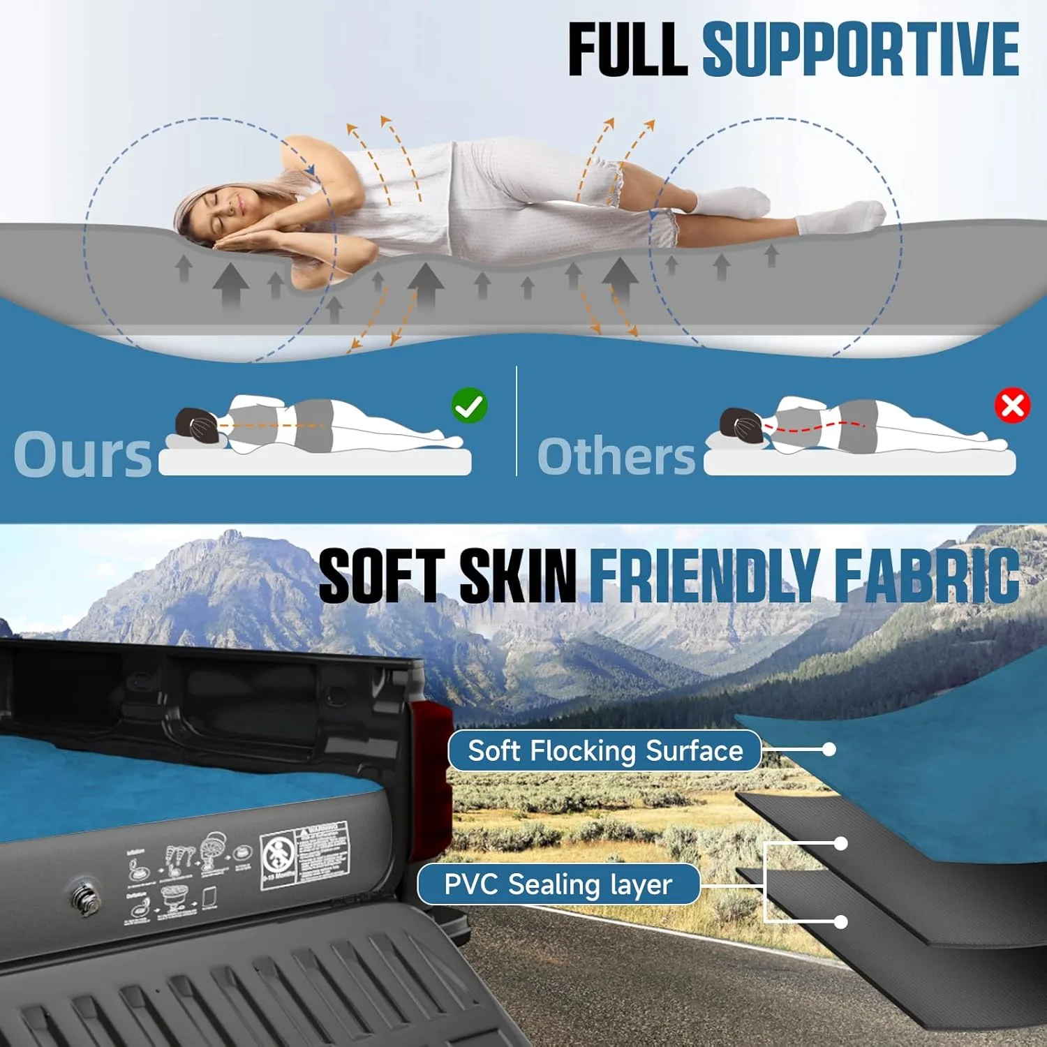 Truck Bed Air Mattress, Full Size Truck Beds, Inflatable Air Mattress Bed with Air Pump 2 Pillows, Carry Bag, Pickup Bed Air Mattress for Chevrolet Silverado, Dodge Ram, Ford, Blue
