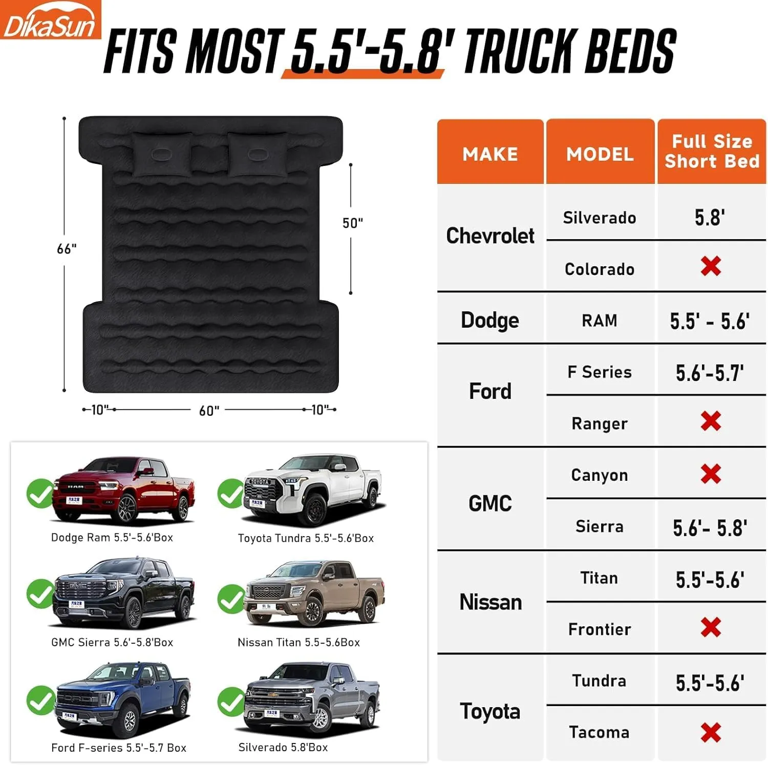 Truck Bed Mattress, Truck Bed Air Mattress for 5.5-5.8ft Full Size Short Beds, Inflatable Camping Air Mattress, Truck Tent Accessories with Pump & Carry Bag(A-Black)