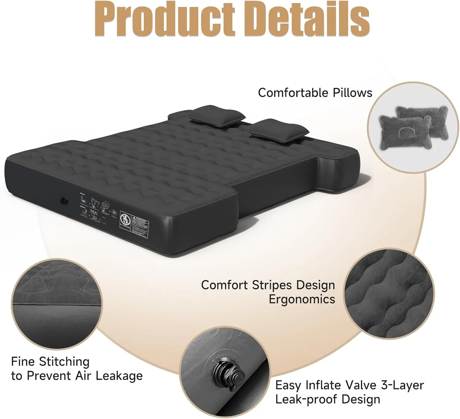 Truck Bed Mattress, Truck Bed Air Mattress for 5.5-5.8ft Full Size Short Beds, Inflatable Camping Air Mattress, Truck Tent Accessories with Pump & Carry Bag(A-Black)
