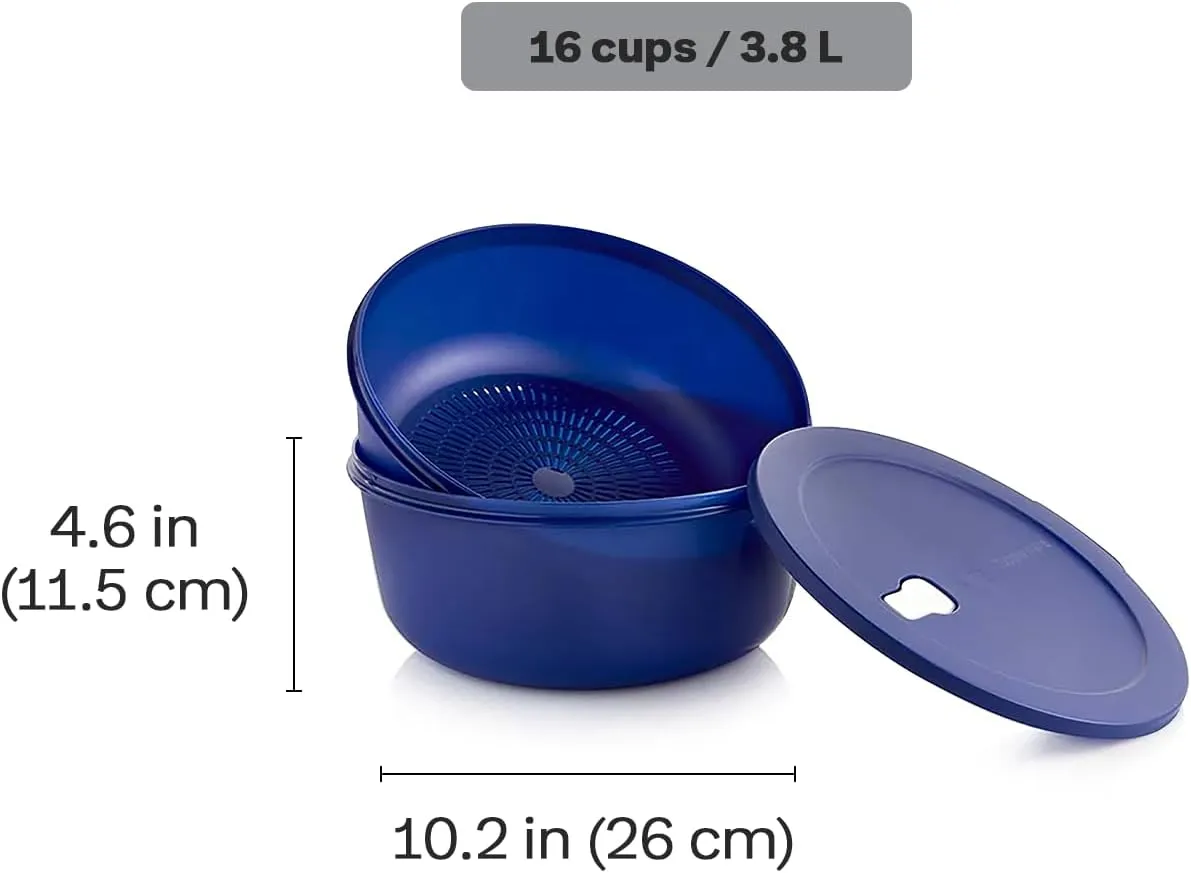 Tupperware Store Serve & Go CrystalWave Bowl with Colander and Vent, Prep, Fridge and Reheat Meals, Dishwasher and Microwave safe, BPA Free (3.8 L/16 Cups)