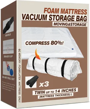 Twin Size Mattress Vacuum Bag for Memory Foam/Latex Mattress Upto 14 Inch, Moving Shipping and Storage, Waterproof and Airtight with 3 Adjustable Straps