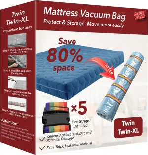 Twin/Twin-XL Mattress Vacuum Bag for Moving and Storage, Vacuum Seal Compression Bag, Heavy Duty Mattress Bag for Storage, with Sealing Clip and 5 Straps