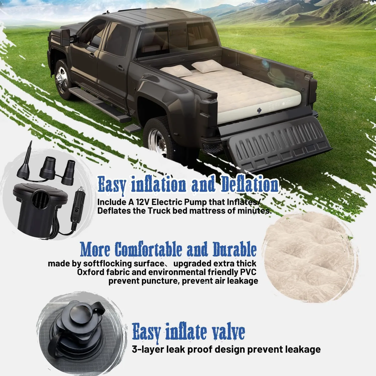 Umbrauto Air Mattress for 5.5-5.8ft Full Size Short Truck Bed, Flocking Surface Inflatable Airbed for Pickup Tent Camping, Sleeping Pad with Pump, Carry Bag