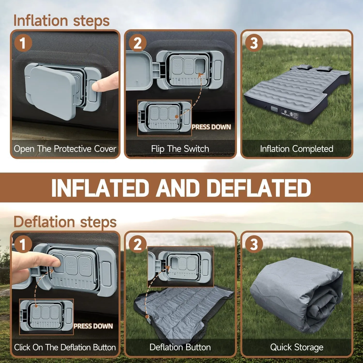 Umbrauto Camping Air Mattress for 6-6.5ft Full Size Truck Bed with Rechargeable Built-in Pump, Inflatable Pickup Truck Airbed for Outdoor Travel, Sleeping Pad with Pillows, Carry Bag