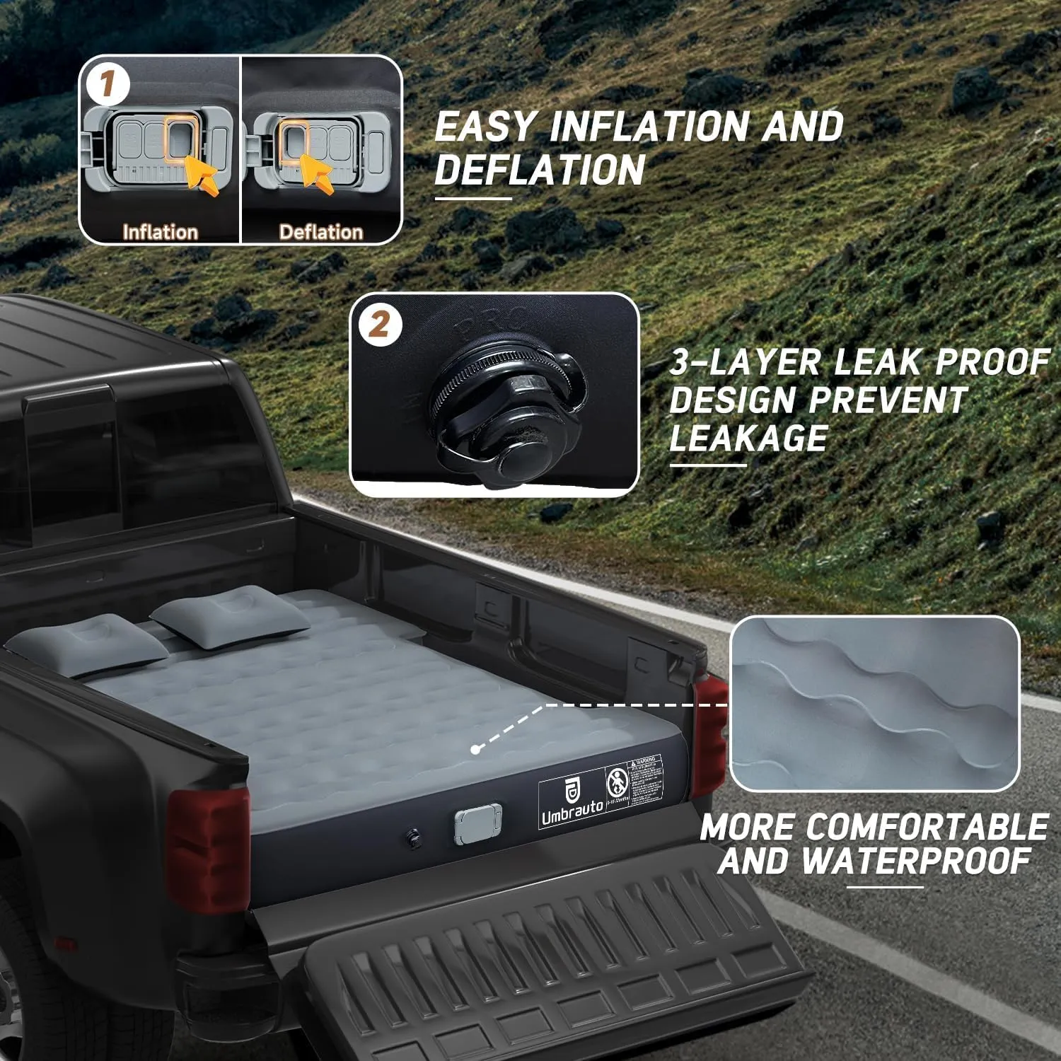 Umbrauto Camping Air Mattress for 6-6.5ft Full Size Truck Bed with Rechargeable Built-in Pump, Inflatable Pickup Truck Airbed for Outdoor Travel, Sleeping Pad with Pillows, Carry Bag