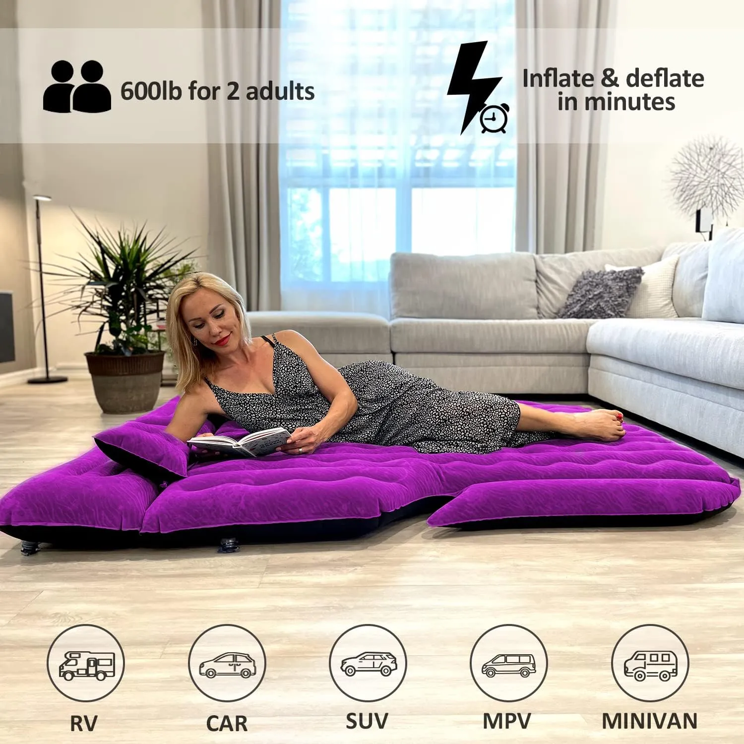 Umbrauto SUV Camping Air Mattress Bed for Mid-to-Full Size SUVs, Inflatable Car Sleeping Airbed for Fold-Down Backseat Back Trunk, with Air Pump, Pillows and Carry Bag