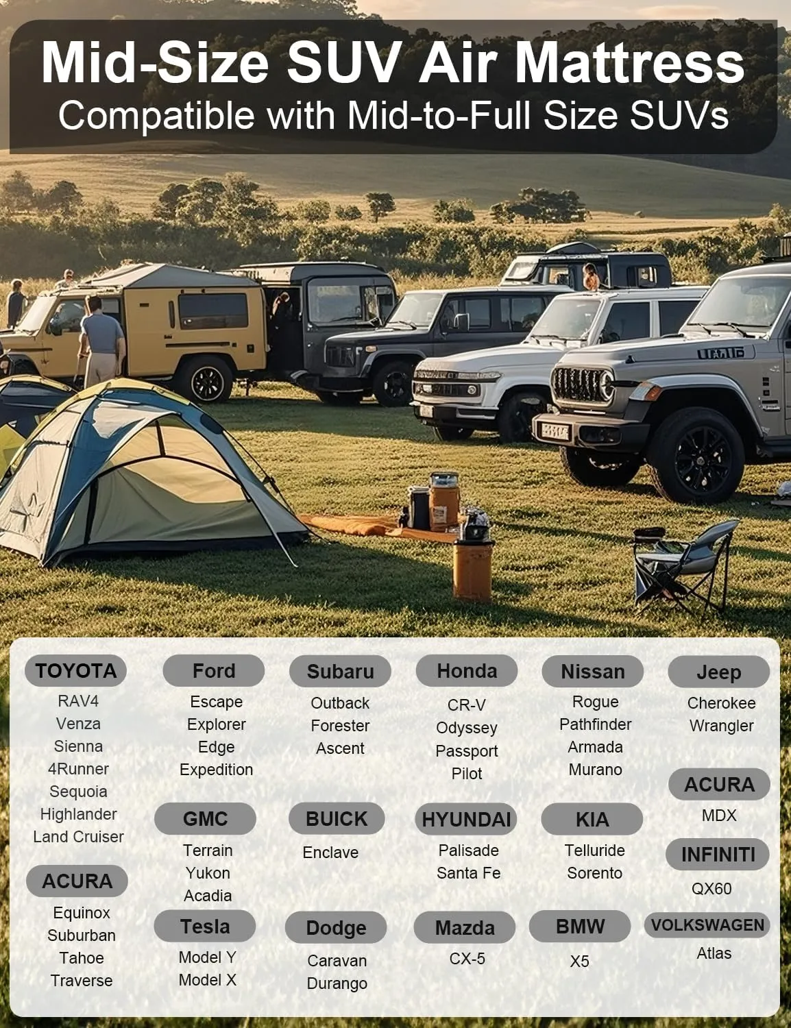 Umbrauto SUV Camping Air Mattress Bed for Mid-to-Full Size SUVs, Inflatable Car Sleeping Airbed for Fold-Down Backseat Back Trunk, with Air Pump, Pillows and Carry Bag