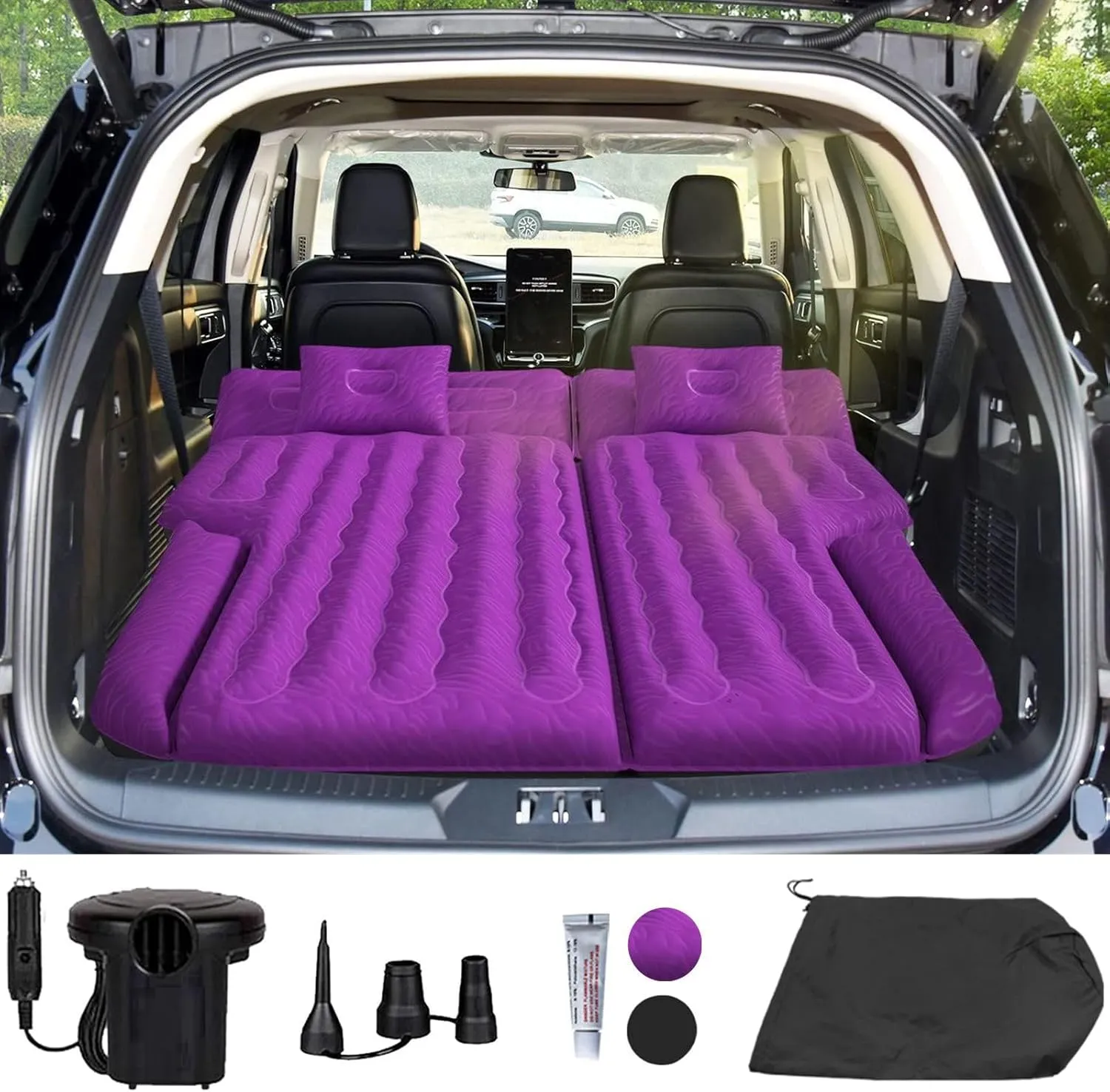 Umbrauto SUV Camping Air Mattress Bed for Mid-to-Full Size SUVs, Inflatable Car Sleeping Airbed for Fold-Down Backseat Back Trunk, with Air Pump, Pillows and Carry Bag