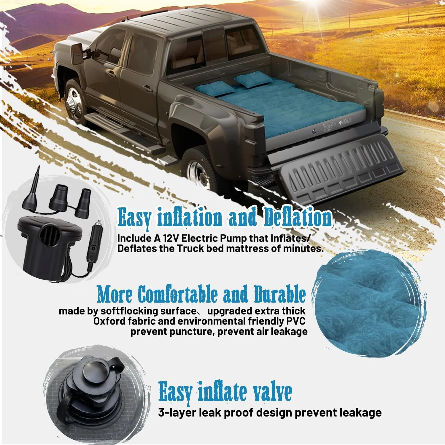 Umbrauto Truck Bed Air Mattress for 6-6.5ft Full Size, Inflatable Mattress with Pump,Pick Up Bed Air Mattress for Truck Tent Camping, Slate