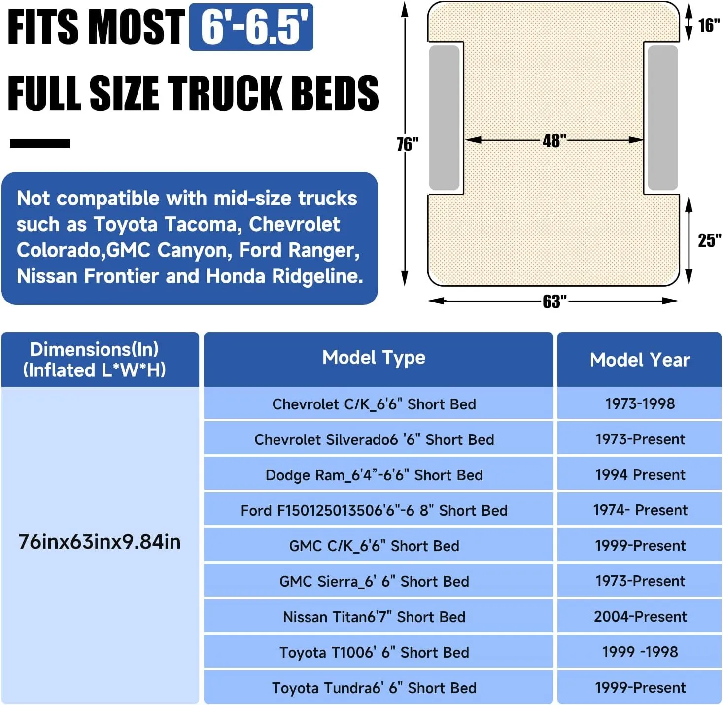 Umbrauto Truck Bed Air Mattress for 6-6.5ft Full Size Short Truck Beds, Inflatable Mattress with Pump, Pick Up Bed Air Mattress for Truck Tent Camping