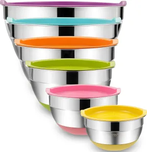 Umite Chef Mixing Bowls with Airtight Lids, 6 Piece Stainless Steel Metal Bowls, Measurement Marks & Colorful Non-Slip Bottoms Size 7, 3.5, 2.5, 2.0,1.5, 1QT, Great for Mixing & Serving