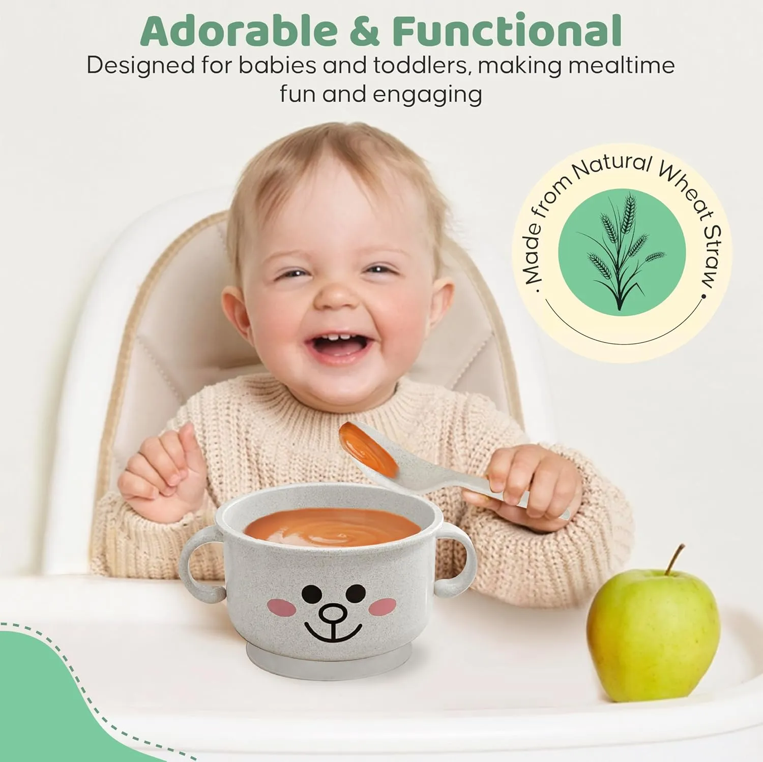 Unbreakable Bowls for Babies & Toddlers with Spoon and Plate, Eco-Friendly Wheat Straw, Stay Put Suction, BPA-Free, Microwave & Dishwasher Safe, Lightweight, No Odor or Soap Taste (Yellow&White)