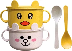 Unbreakable Bowls for Babies & Toddlers with Spoon and Plate, Eco-Friendly Wheat Straw, Stay Put Suction, BPA-Free, Microwave & Dishwasher Safe, Lightweight, No Odor or Soap Taste (Yellow&White)