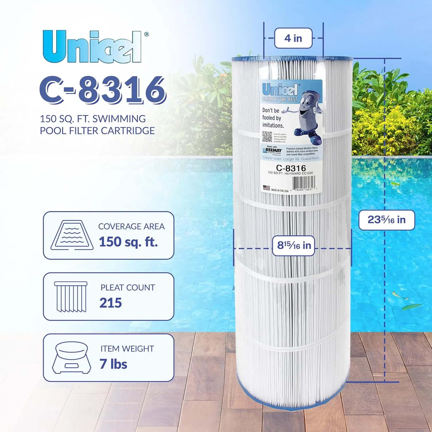 Unicel C-8316 150 Square Foot Media Replacement Pool Filter Cartridge with 215 Pleats, Compatible with Hayward Pool Products