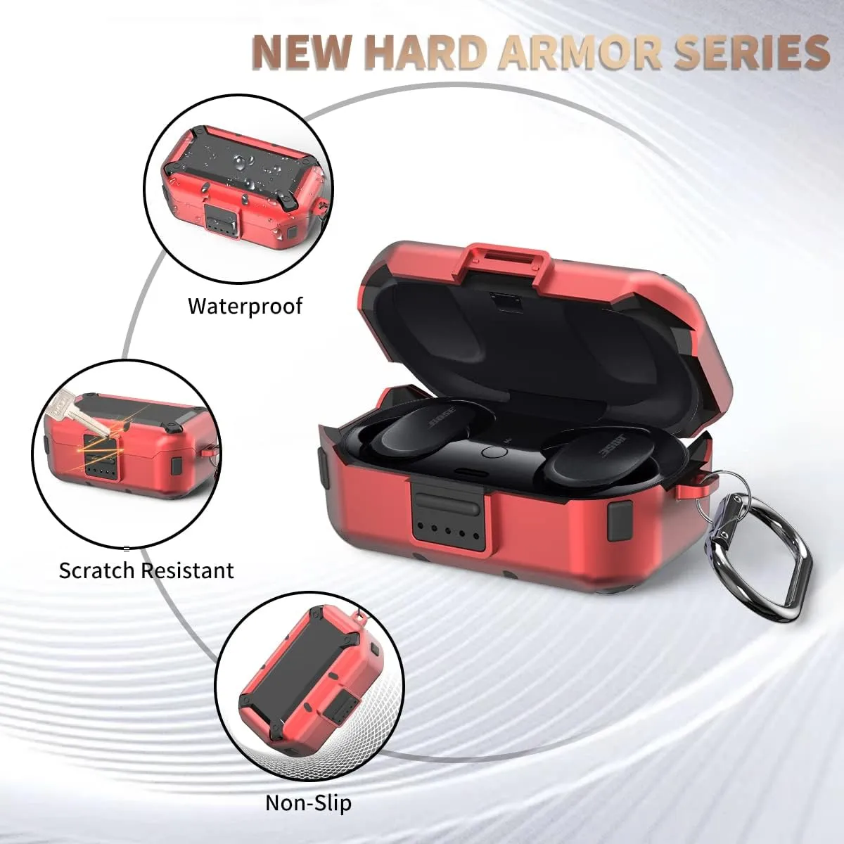 [Upgrade Lock] Case for Bose QuietComfort Earbuds Case (2020), WOFRO Military Armor Series Protective Cover Shock-Absorbing Scratch Resistant Hard Shell with Keychain (red)