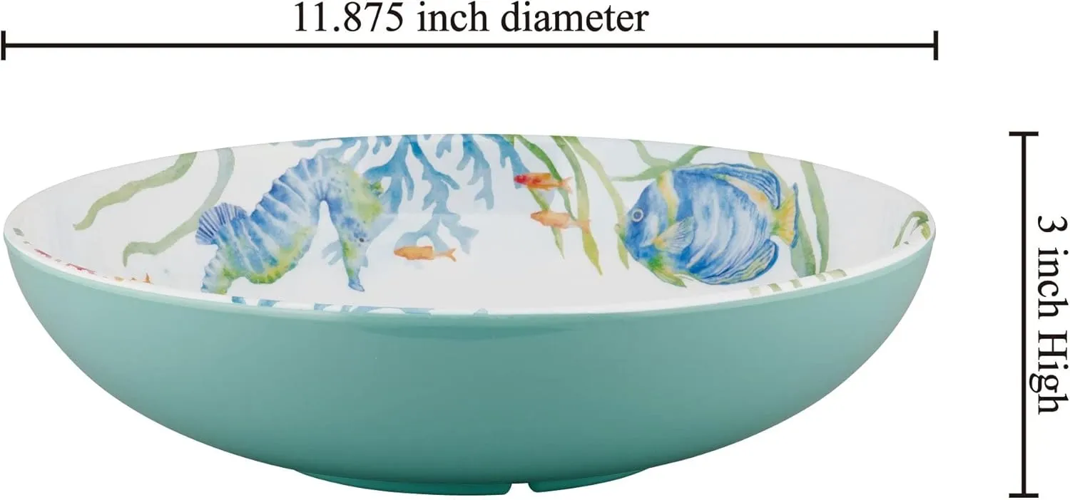 UPware Sea Life Serenade Melamine Serving Bowl, BPA-Free Ocean-Themed Blue Bowl for Salad, Fruit, Pasta, or Outdoor Entertaining, 11.875 Inch