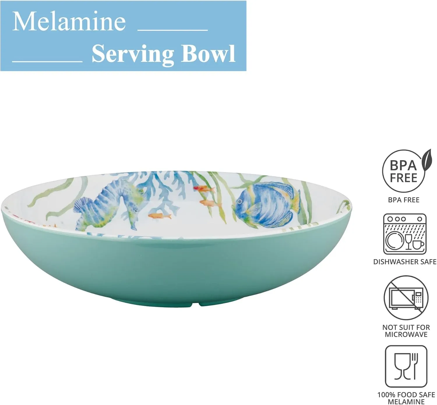 UPware Sea Life Serenade Melamine Serving Bowl, BPA-Free Ocean-Themed Blue Bowl for Salad, Fruit, Pasta, or Outdoor Entertaining, 11.875 Inch