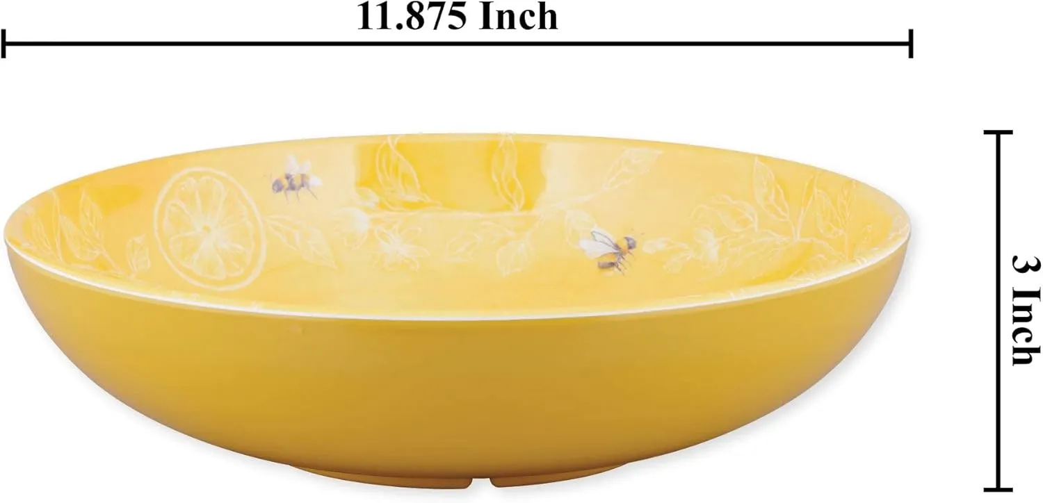UPware Sweet Bee Melamine Serving Bowl, BPA-Free Yellow Bowl with Bee and Lemon Design for Salad, Fruit, Pasta, or Outdoor Entertaining, 11.875 Inch