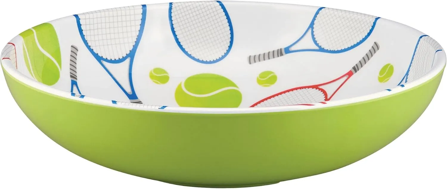UPware Tennis Melamine Serving Bowl, BPA-Free Green Sports-Themed Bowl with Racket and Ball Design for Salad, Fruit, Pasta, or Outdoor Entertaining, 11.875 Inch