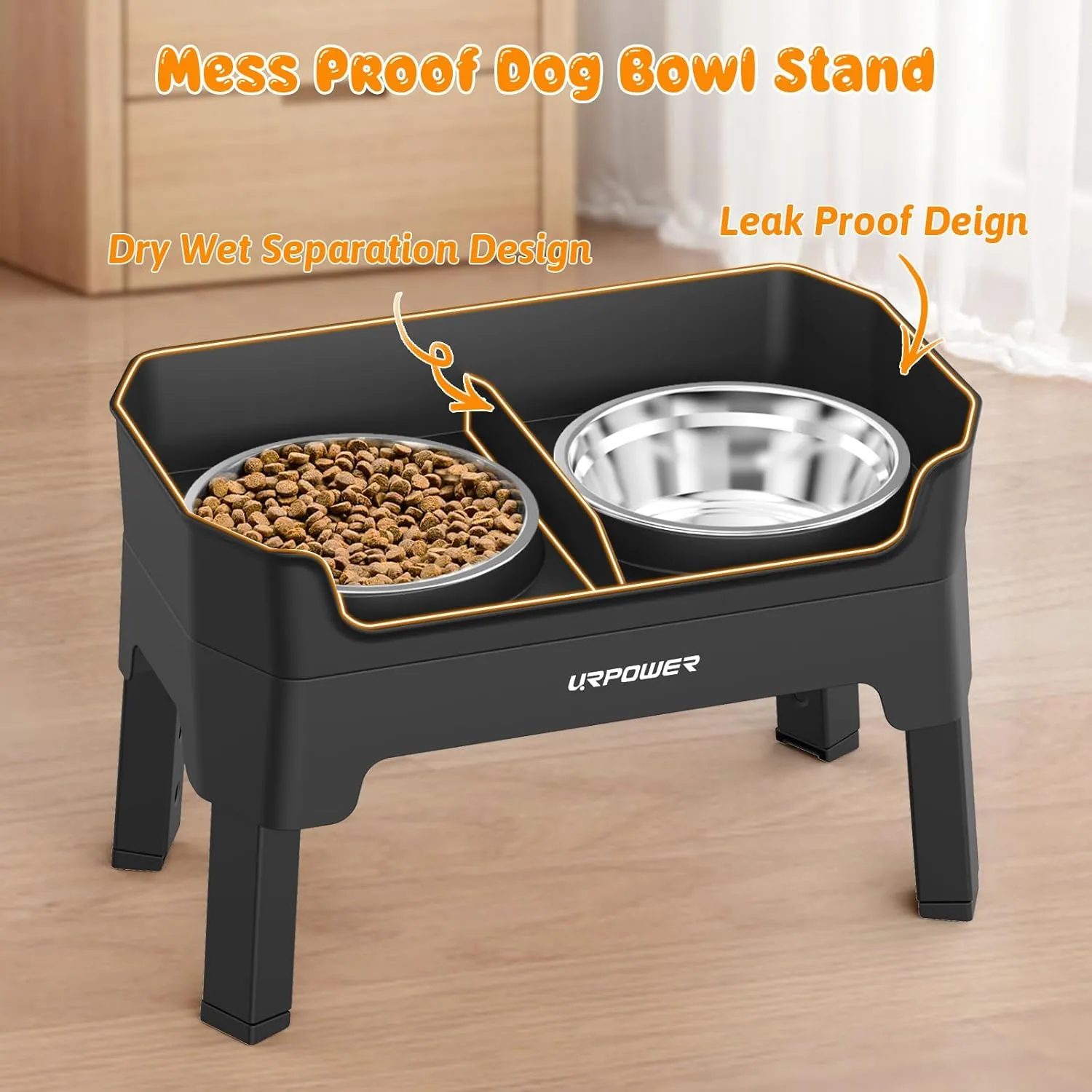 URPOWER 3-in-1 Elevated Dog Bowls - Mess Proof Double Deck 4 Height Adjustable Raised Stand with 2 Stainless Steel Food Bowls & Licking Plate for Small, Medium & Large Dogs
