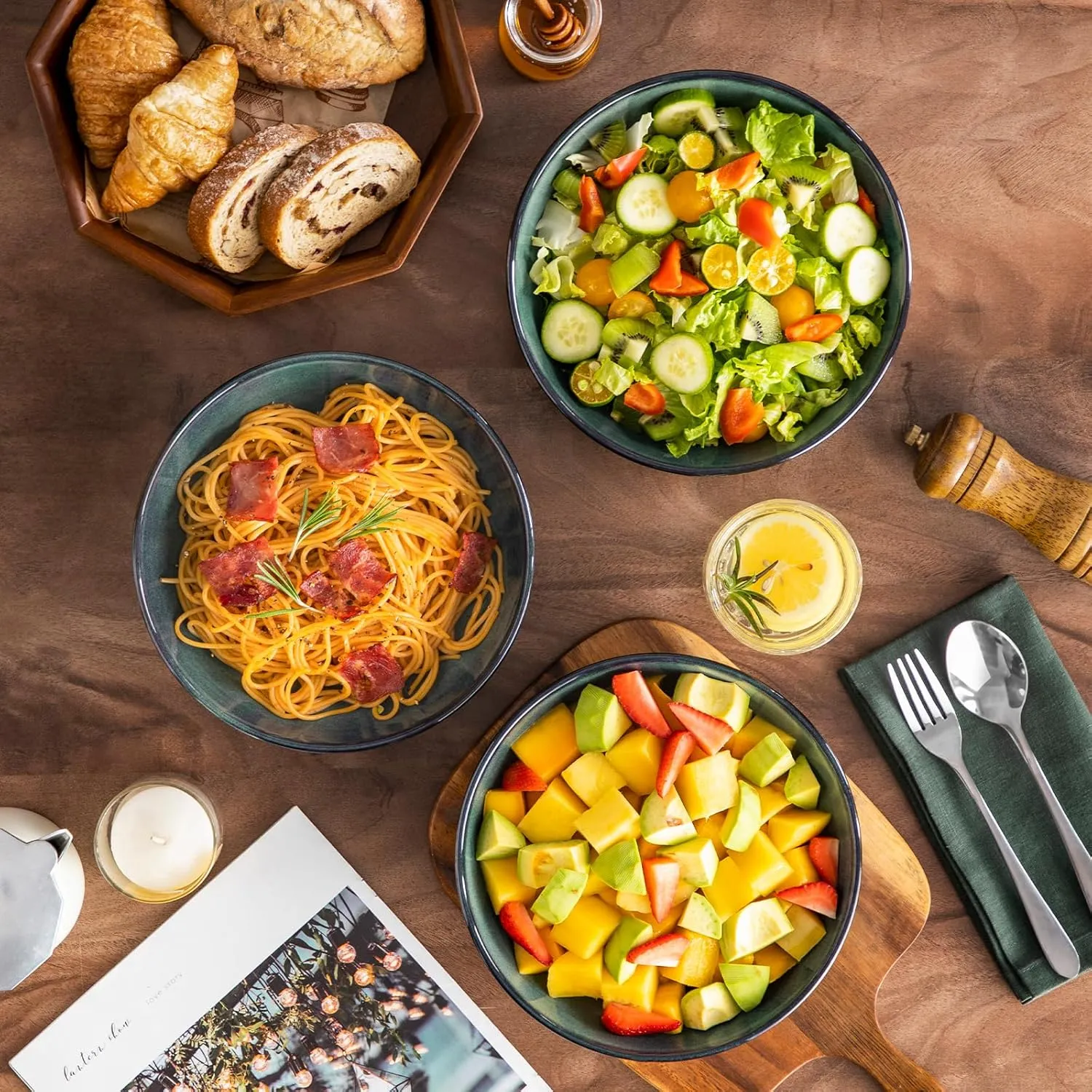 vancasso Stern Large Pasta Bowls Set of 4, 38 Oz Ceramic Salad Plate Bowls for Serving, Kitchen Stoneware Wide Bowls for Soup, Pasta, Salad, Cereals, Microwave Oven Safe, Reactive Glaze-Green