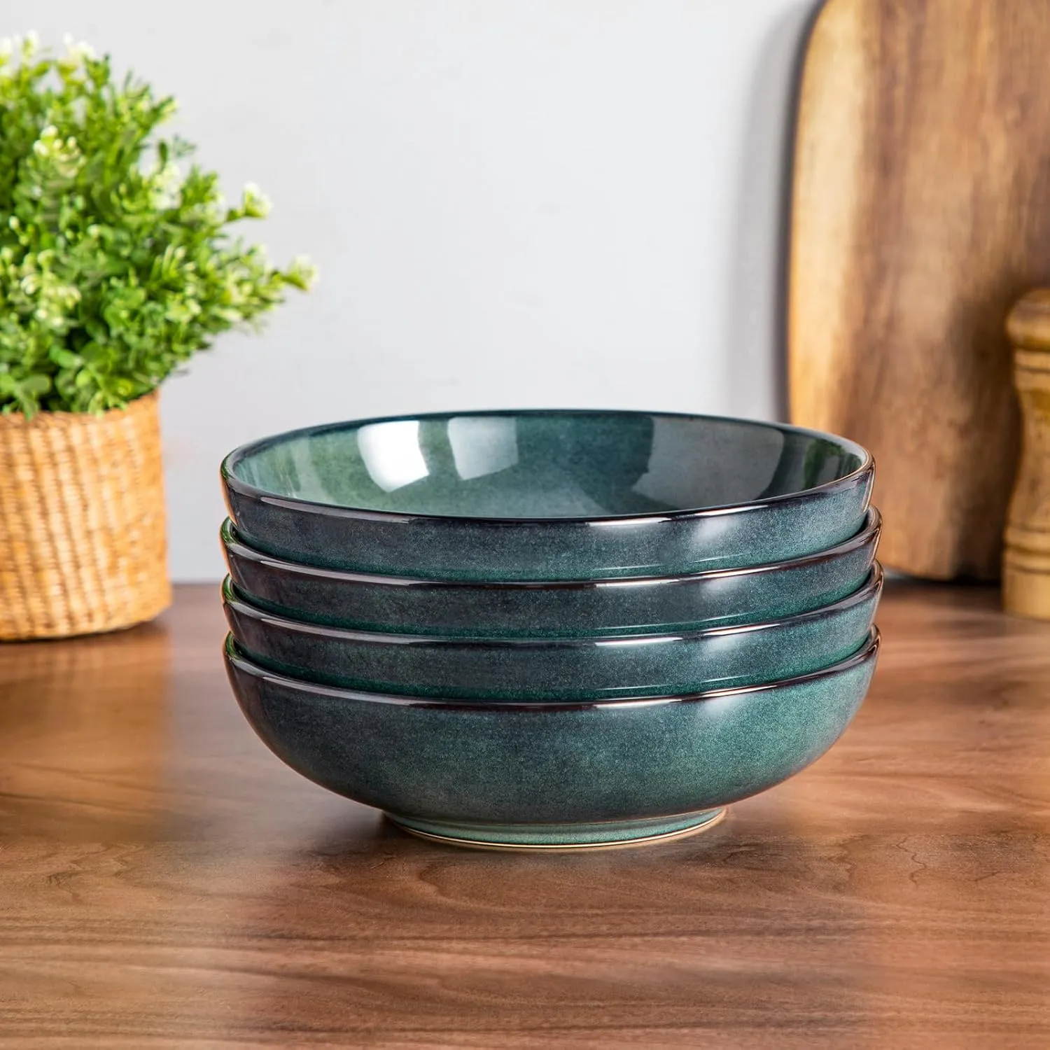 vancasso Stern Large Pasta Bowls Set of 4, 38 Oz Ceramic Salad Plate Bowls for Serving, Kitchen Stoneware Wide Bowls for Soup, Pasta, Salad, Cereals, Microwave Oven Safe, Reactive Glaze-Green