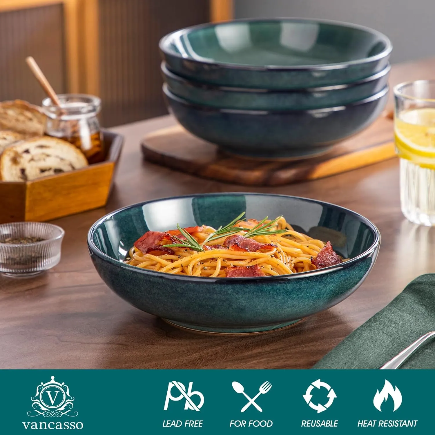 vancasso Stern Large Pasta Bowls Set of 4, 38 Oz Ceramic Salad Plate Bowls for Serving, Kitchen Stoneware Wide Bowls for Soup, Pasta, Salad, Cereals, Microwave Oven Safe, Reactive Glaze-Green