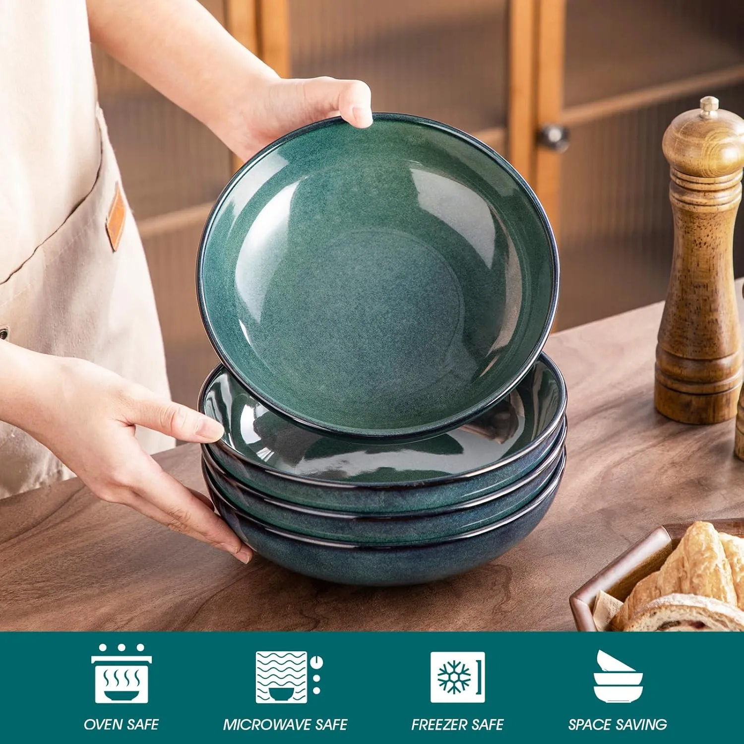 vancasso Stern Large Pasta Bowls Set of 4, 38 Oz Ceramic Salad Plate Bowls for Serving, Kitchen Stoneware Wide Bowls for Soup, Pasta, Salad, Cereals, Microwave Oven Safe, Reactive Glaze-Green