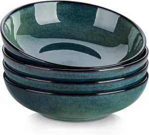 vancasso Stern Large Pasta Bowls Set of 4, 38 Oz Ceramic Salad Plate Bowls for Serving, Kitchen Stoneware Wide Bowls for Soup, Pasta, Salad, Cereals, Microwave Oven Safe, Reactive Glaze-Green
