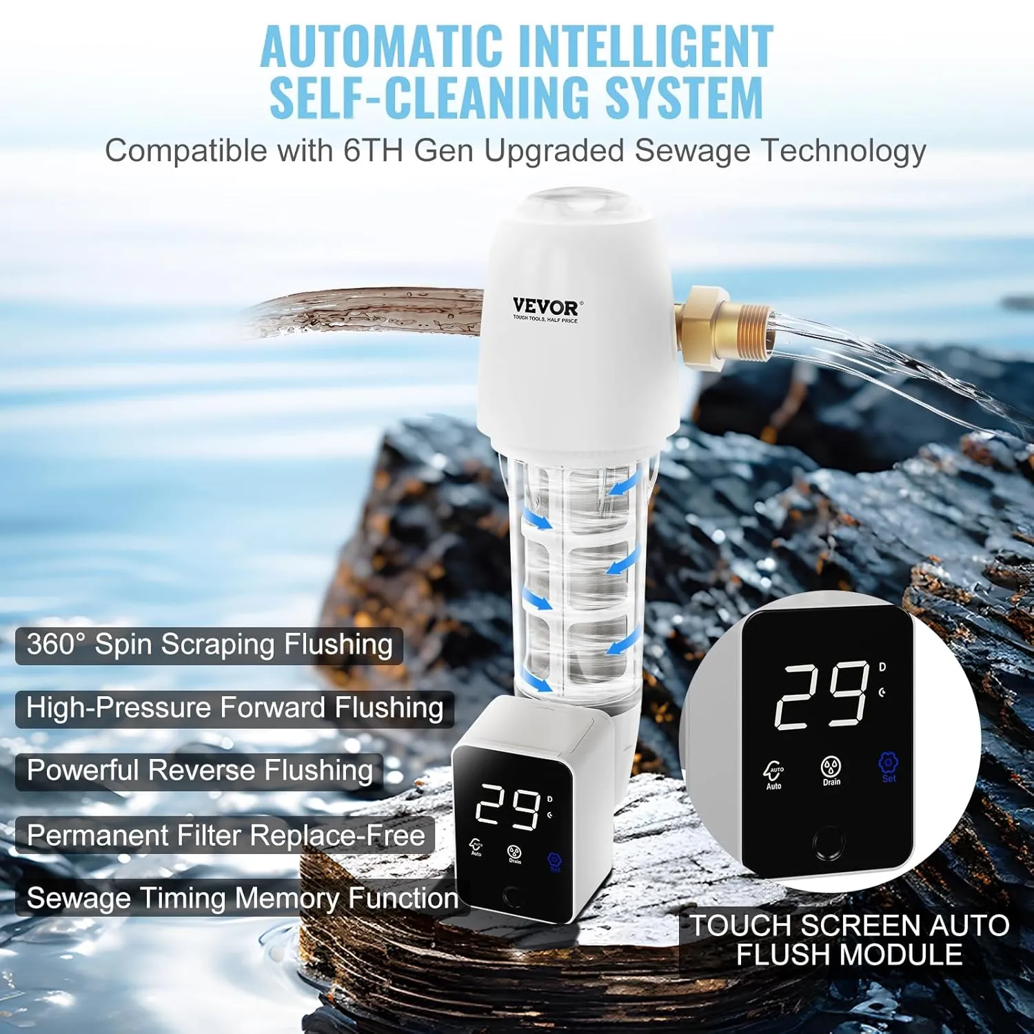 VEVOR Auto Flush Sediment Filter, 36 GPM Spin Down Water Filter with Touch Screen, 6Th Gen Backwash System, Bi-Side Scraper, 360° Install Whole House Pre Filter, Pressure Gauge, 1" MNPT, 3/4" FNPT