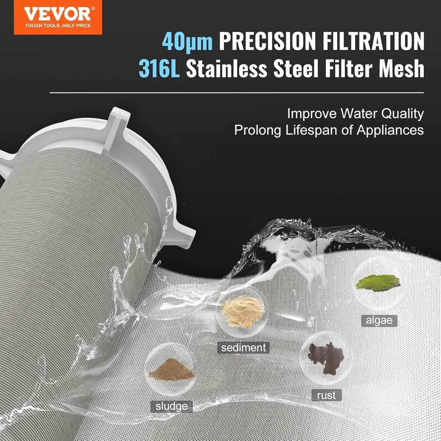 VEVOR Auto Flush Sediment Filter, 36 GPM Spin Down Water Filter with Touch Screen, 6Th Gen Backwash System, Bi-Side Scraper, 360° Install Whole House Pre Filter, Pressure Gauge, 1" MNPT, 3/4" FNPT