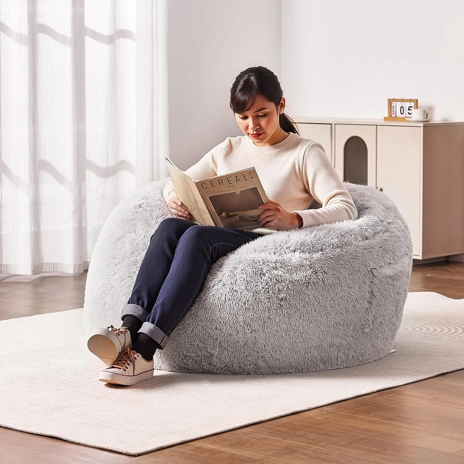 VEVOR Bean Bag Bed Chair, Convertible Chair from BeanBag to Lounge or Mattress, Gaint Bean Bag Chair Bed with Washable Cover for Adults, Fluffy Plush, Foam Filling and Side Pocket, Grey(Full Size)