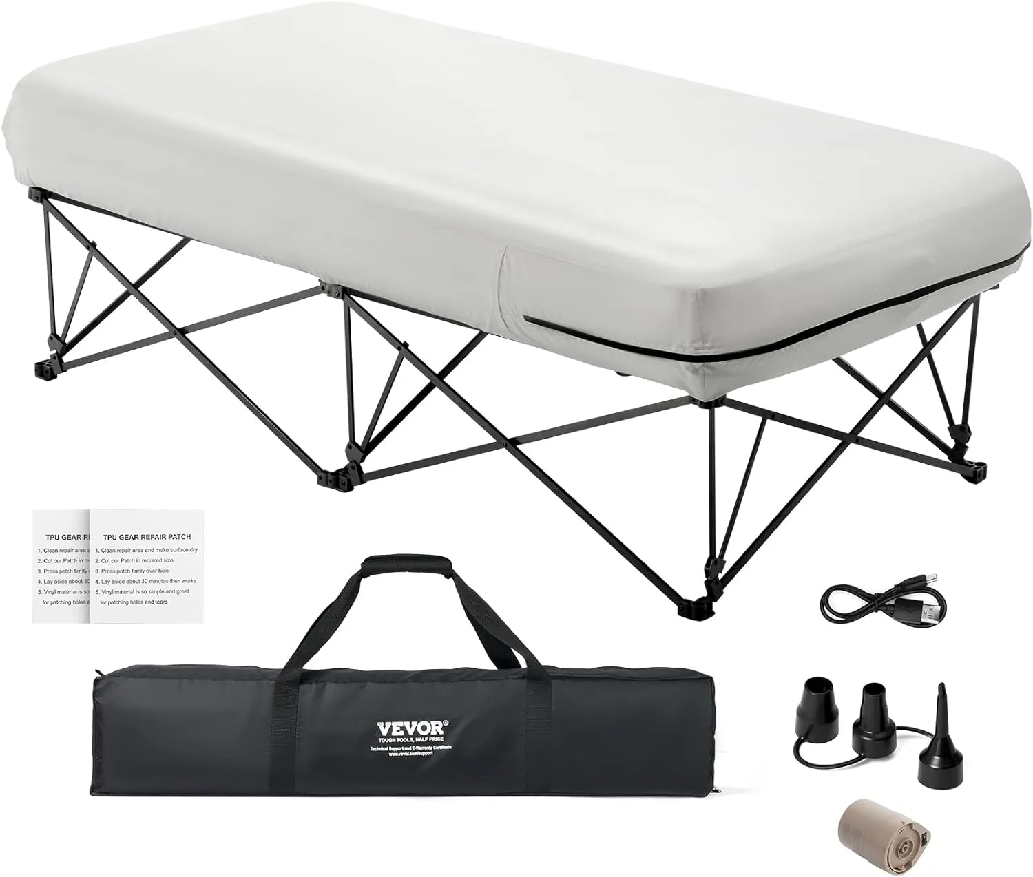 VEVOR Camping Cot with Mattress for Adults, Folding Camping Bed with Inflatable Air Mattress &Airpump, Portable Bed Camp Cot with Carry Bag, Blow Up Camp Cot for Outdoor Travel, Vacation, Guests, Home