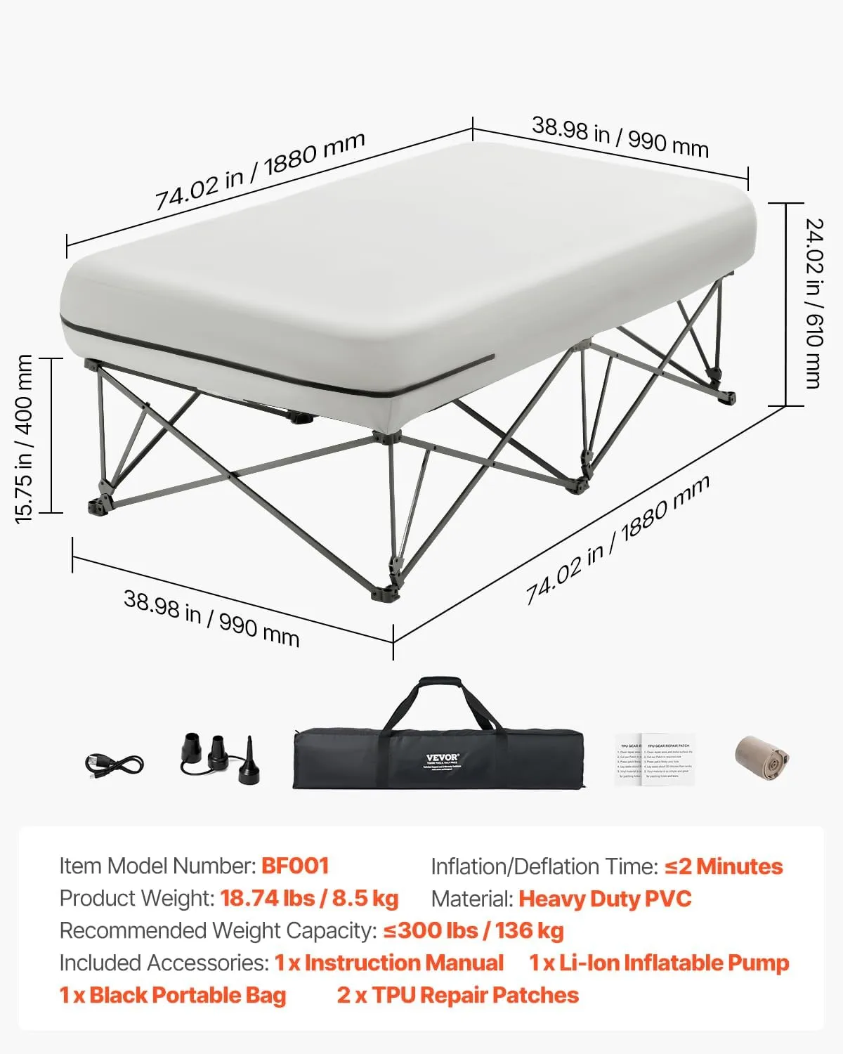 VEVOR Camping Cot with Mattress for Adults, Folding Camping Bed with Inflatable Air Mattress &Airpump, Portable Bed Camp Cot with Carry Bag, Blow Up Camp Cot for Outdoor Travel, Vacation, Guests, Home