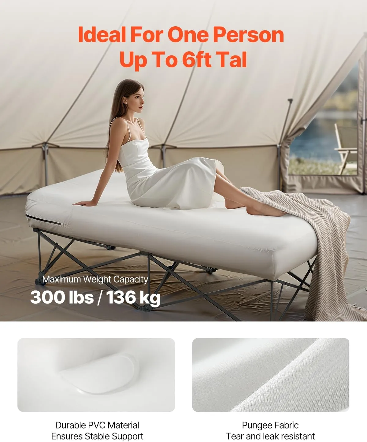 VEVOR Camping Cot with Mattress for Adults, Folding Camping Bed with Inflatable Air Mattress &Airpump, Portable Bed Camp Cot with Carry Bag, Blow Up Camp Cot for Outdoor Travel, Vacation, Guests, Home