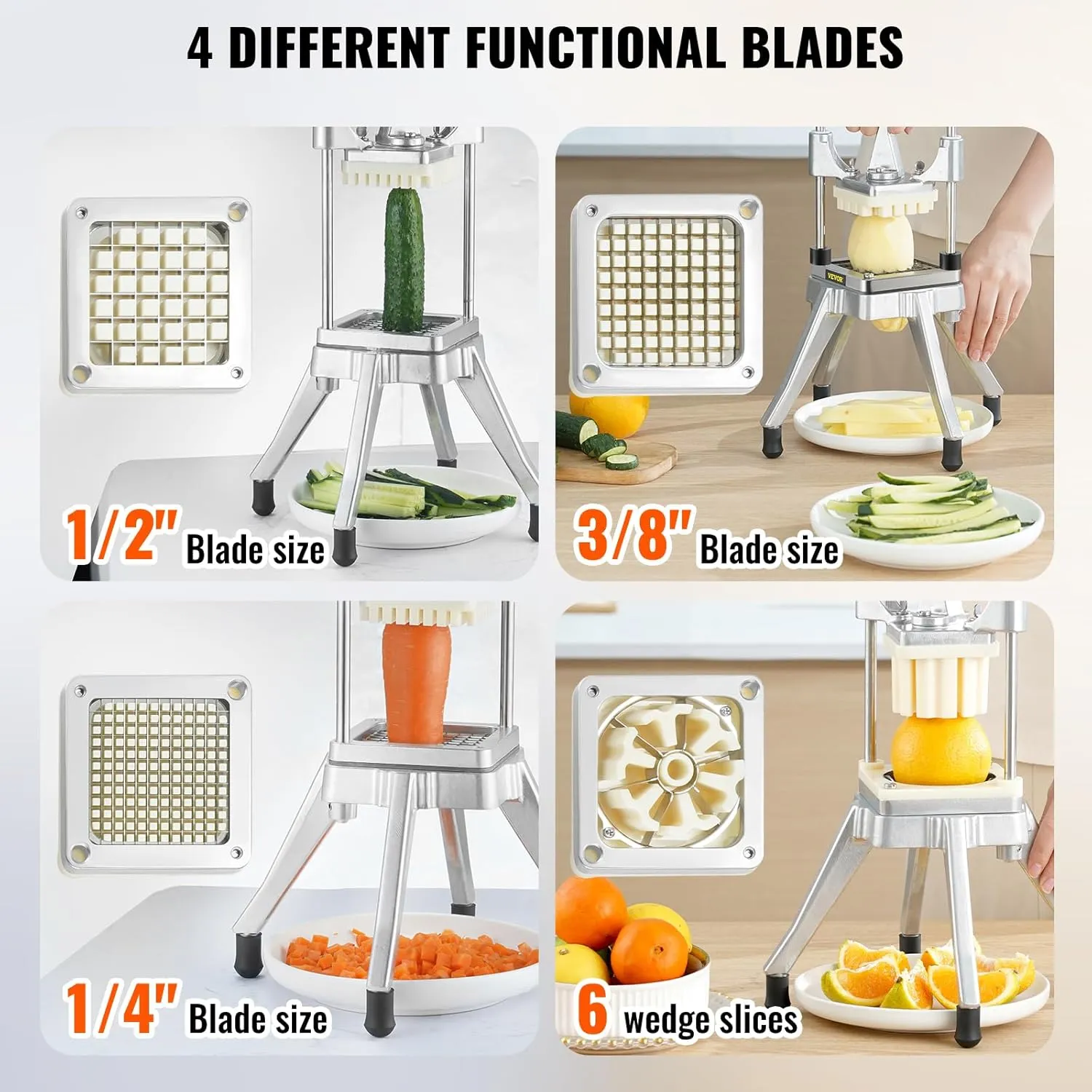VEVOR Commercial Vegetable Fruit Chopper, Stainless Steel French Fry Cutter w/ 4 Blades 1/4" 3/8" 1/2", Vegetable Chopper Dicer w/Stainless Bowl, Heavy Duty Cutter for Potato Tomato Onion Mushroom