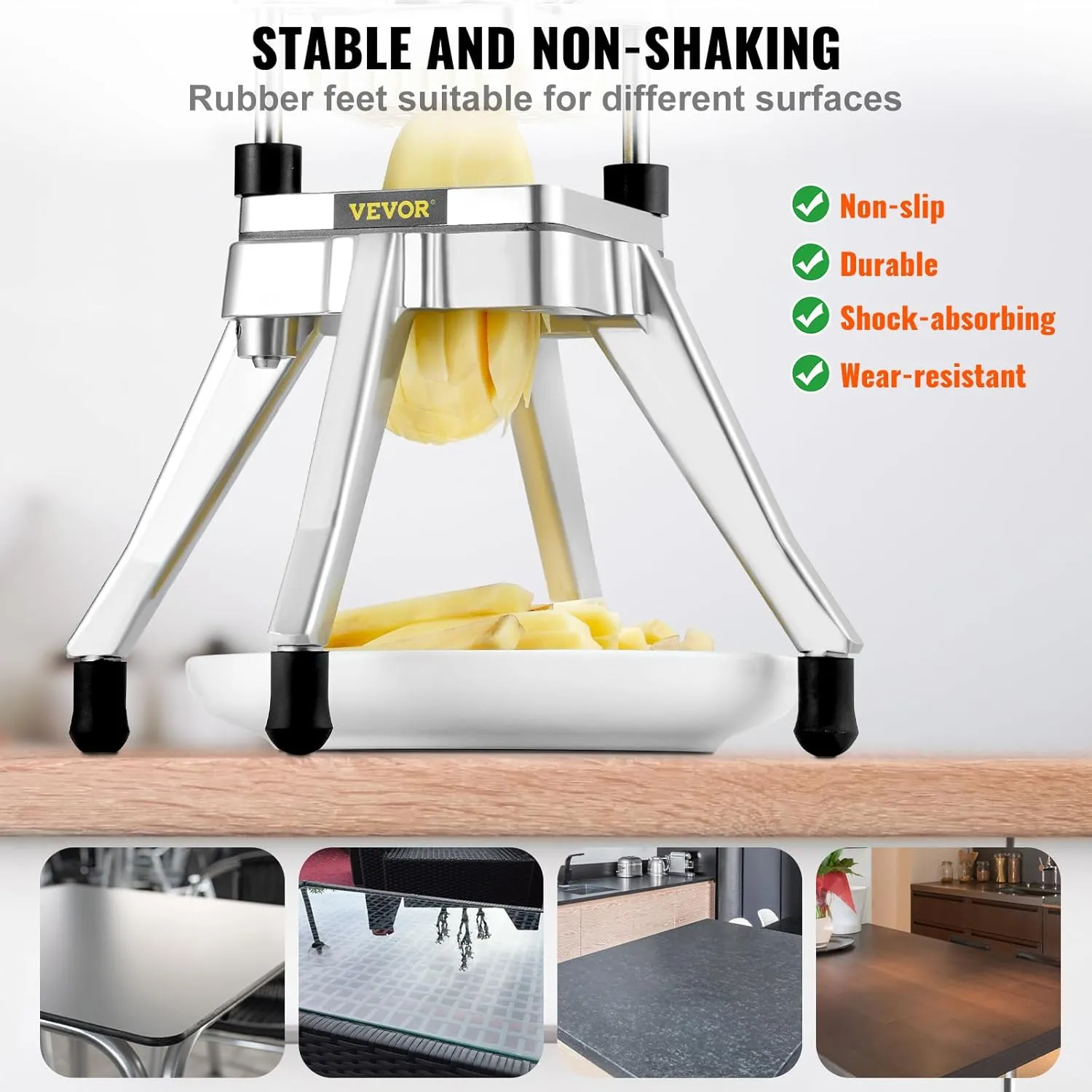VEVOR Commercial Vegetable Fruit Chopper, Stainless Steel French Fry Cutter w/ 4 Blades 1/4" 3/8" 1/2", Vegetable Chopper Dicer w/Stainless Bowl, Heavy Duty Cutter for Potato Tomato Onion Mushroom