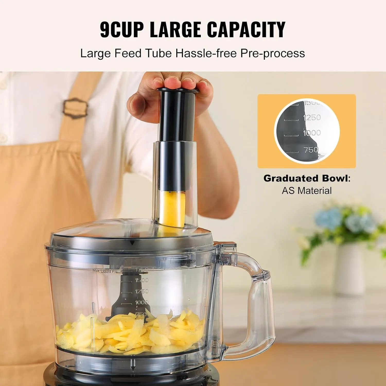 VEVOR Food Processor, 9-Cup Small Vegetable Chopper, 600W Dual-Speed Electric Meat Processor, 10 Blades & Discs, Built-in Blade Storage, Large Feed Chute & Pusher - Efficient Slice Shred & Dough Prep