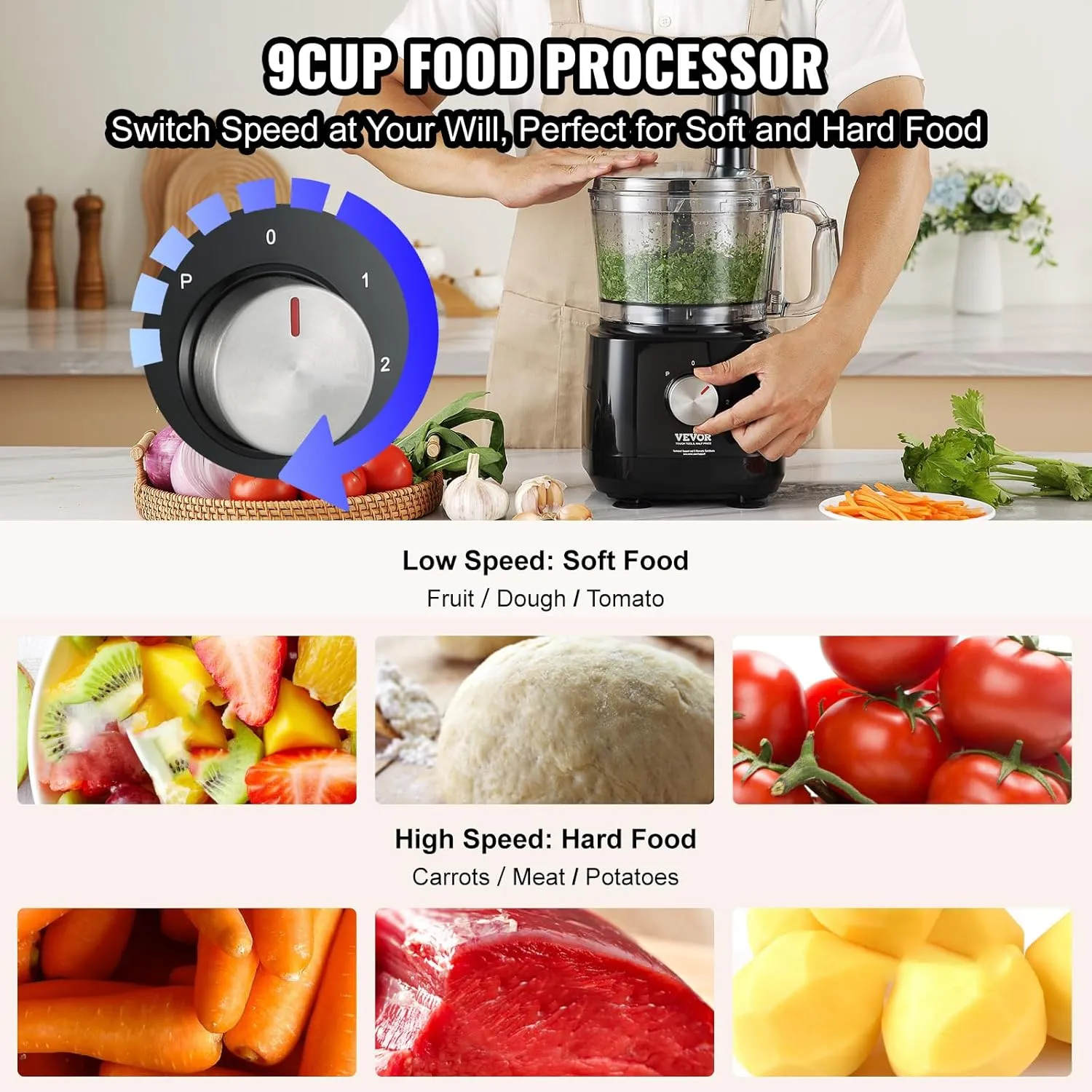 VEVOR Food Processor, 9-Cup Small Vegetable Chopper, 600W Dual-Speed Electric Meat Processor, 10 Blades & Discs, Built-in Blade Storage, Large Feed Chute & Pusher - Efficient Slice Shred & Dough Prep