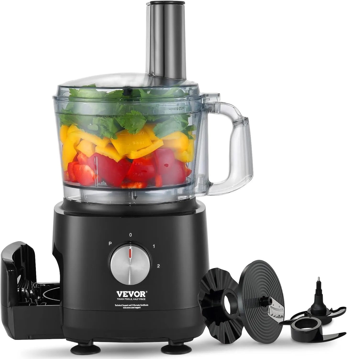 VEVOR Food Processor, 9-Cup Small Vegetable Chopper, 600W Dual-Speed Electric Meat Processor, 10 Blades & Discs, Built-in Blade Storage, Large Feed Chute & Pusher - Efficient Slice Shred & Dough Prep