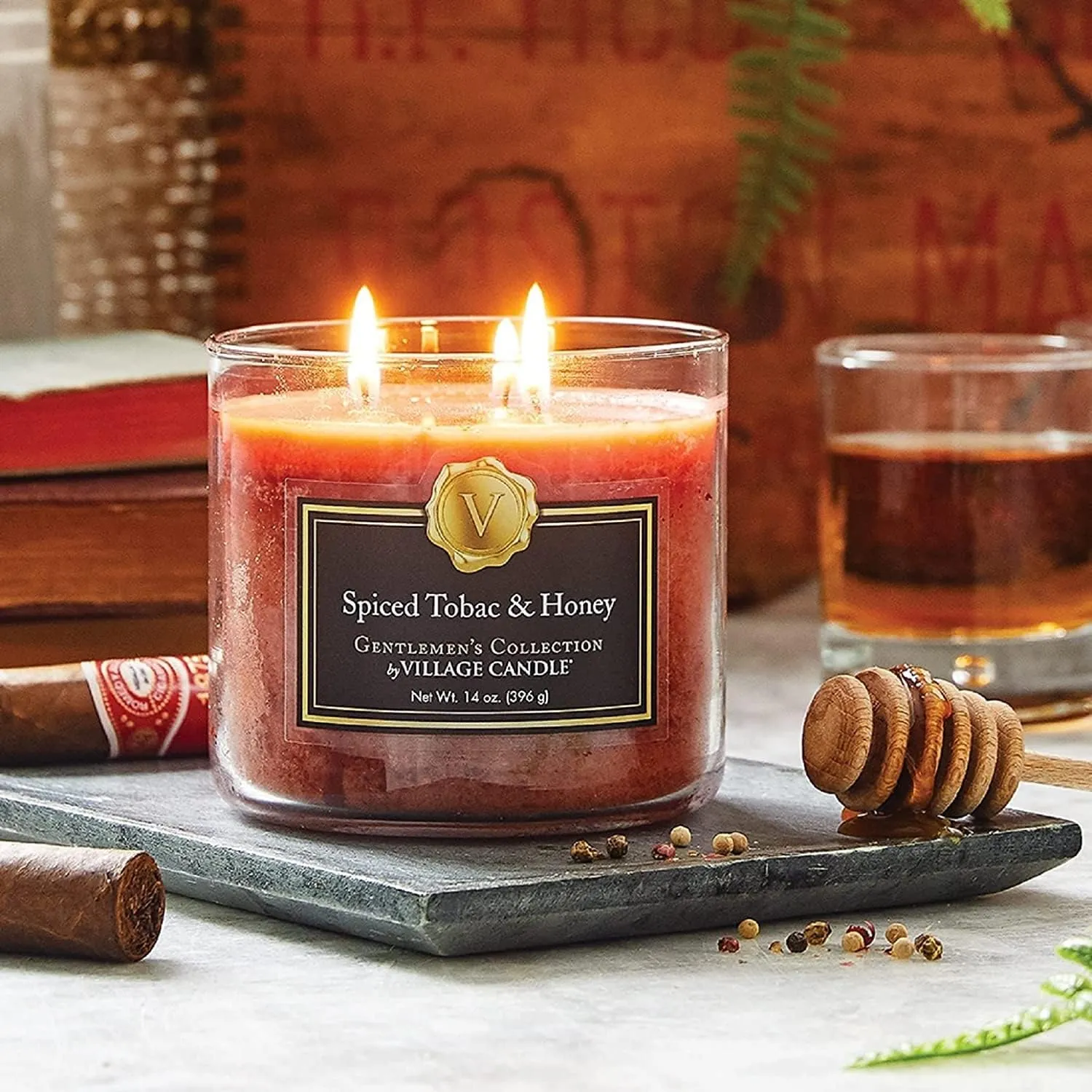 Village Candle Spiced Tobac & Honey Medium Bowl, 14oz, Orange, 1 count