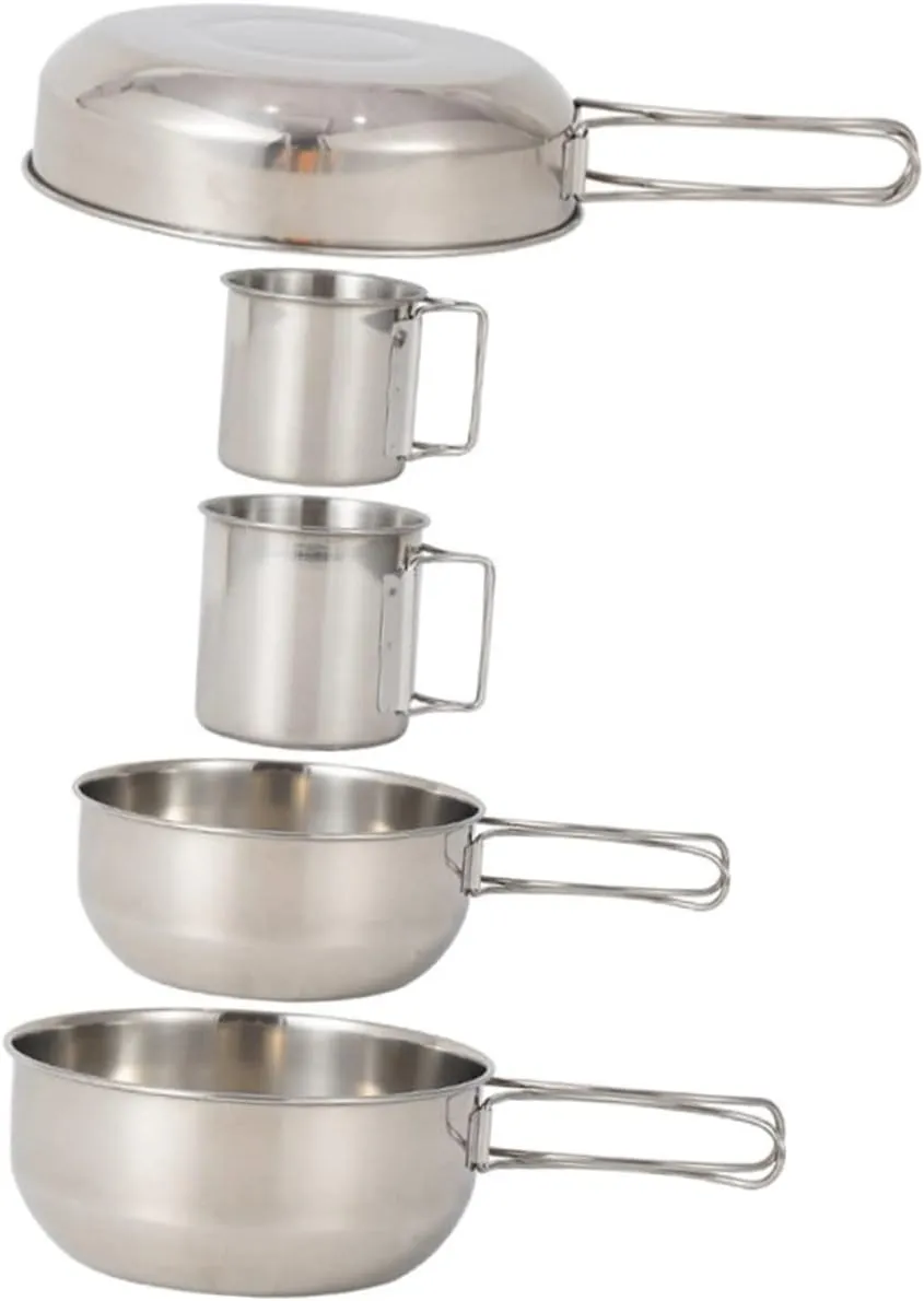 VOSAREA Camping Tableware Set 5pc Stainless Steel Pot Cup Skillet for Hiking Outdoor Cooking