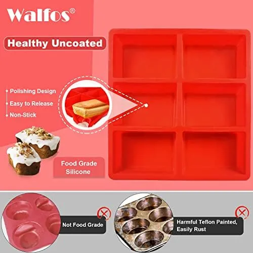 Walfos Silicone Loaf Pan - Non-Stick Silicone Bread Pan, Just PoP Out! Perfect for Bread, Cake, Brownies, Meatloaf, BPA Free & Dishwasher Safe (Mini Loaf Pan, 1 Pack:6 Cavities)