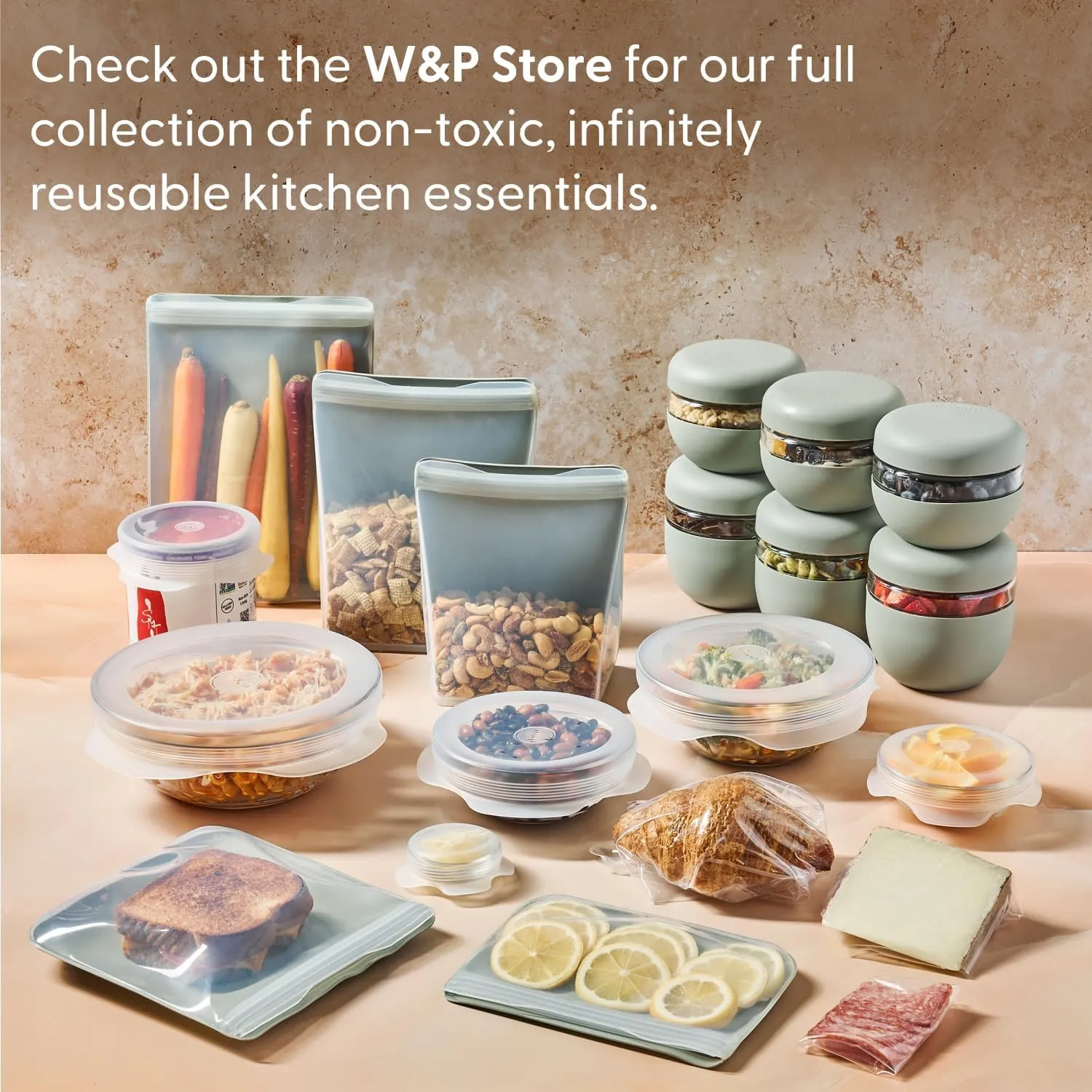 W&P Porter Plastic Bowl Lunch Container w/ Protective Non-slip Exterior, Slate 1 Liter | Lid & Snap-tight Silicone Strap | Food Storage, Bento Box, Meal Prep | BPA-Free Plastic