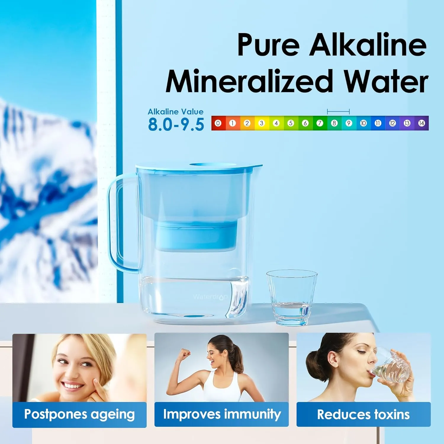 Waterdrop Alkaline Lucid 10-Cup Large Water Filter Pitcher with 1 Filter, Healthy, Improved Coffee Taste, Clean & Toxin-Free Mineralized Alkaline Water (100 Gallons), Up to PH 9.5, BPA Free, Blue