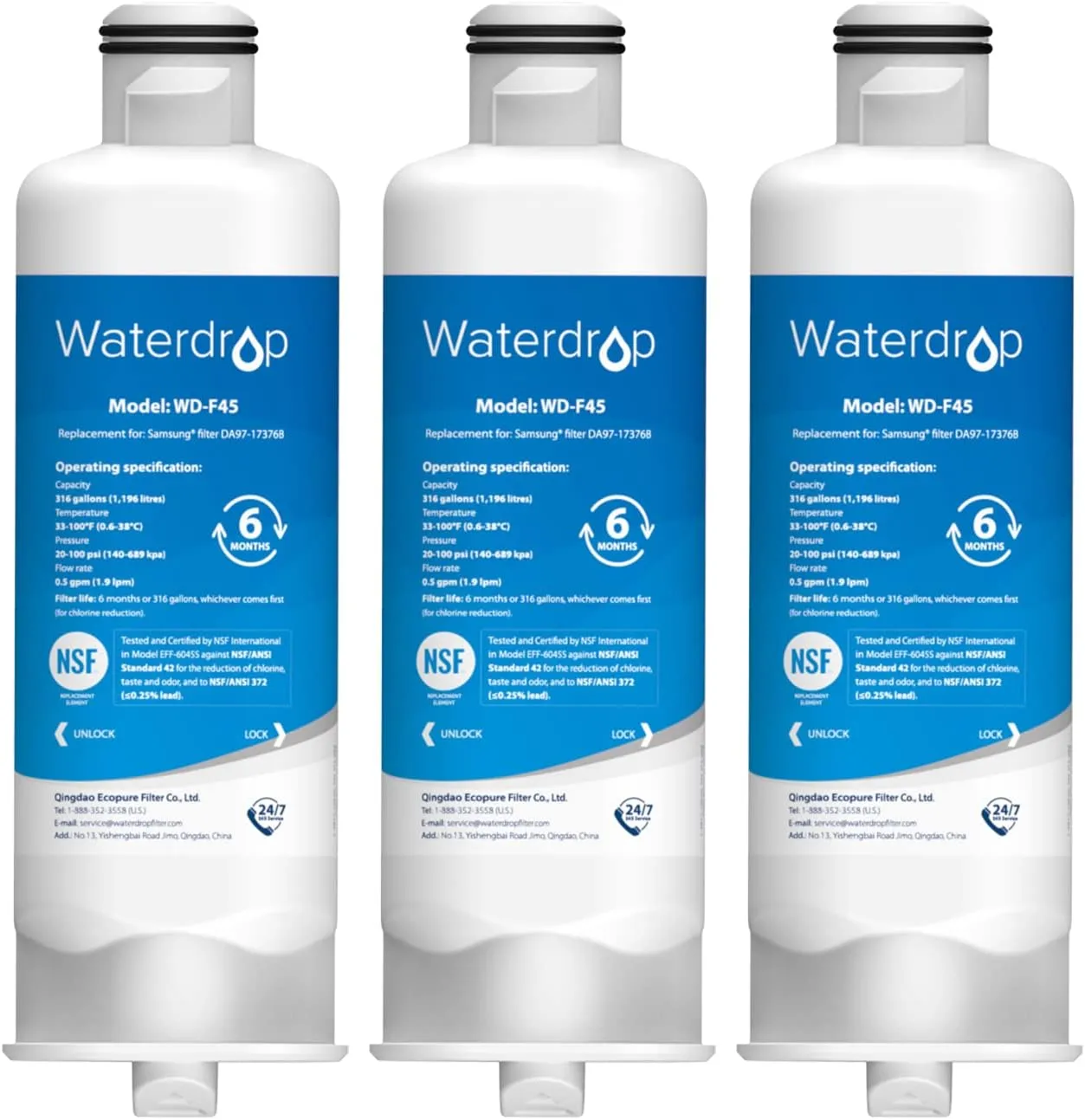 Waterdrop DA97-17376B Replacement for Samsung® HAF-QIN/EXP, DA97-08006C, RF28R7201SR, RF28R7351SG, WD-F45, Refrigerator Water Filter, 3 Filters