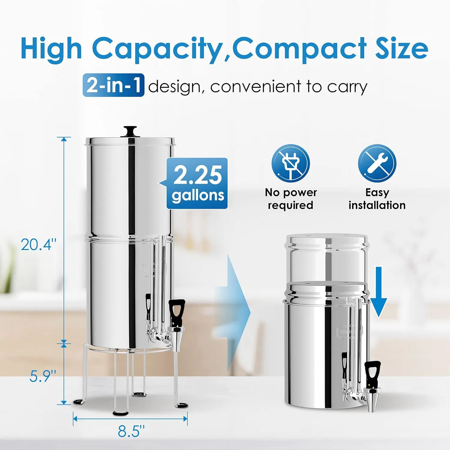 Waterdrop Gravity-fed Water Filter System, 2.25G Stainless-Steel System with 4 Filters, Metal Water Level Spigot and Stand, NSF/ANSI 42&372 Standard, Reduces Chlorine-King Tank for Emergencies