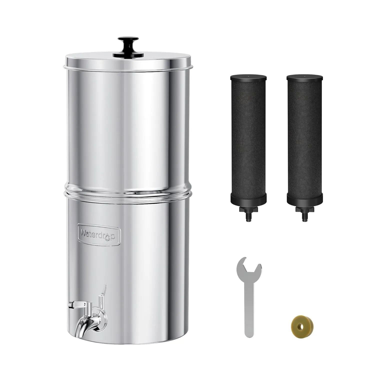 Waterdrop Gravity-fed Water Filter System, Reduces Lead and up to 99% of Chlorine, NSF/ANSI 42&372 Standard, with 2 Black Carbon Filters and Metal Spigot