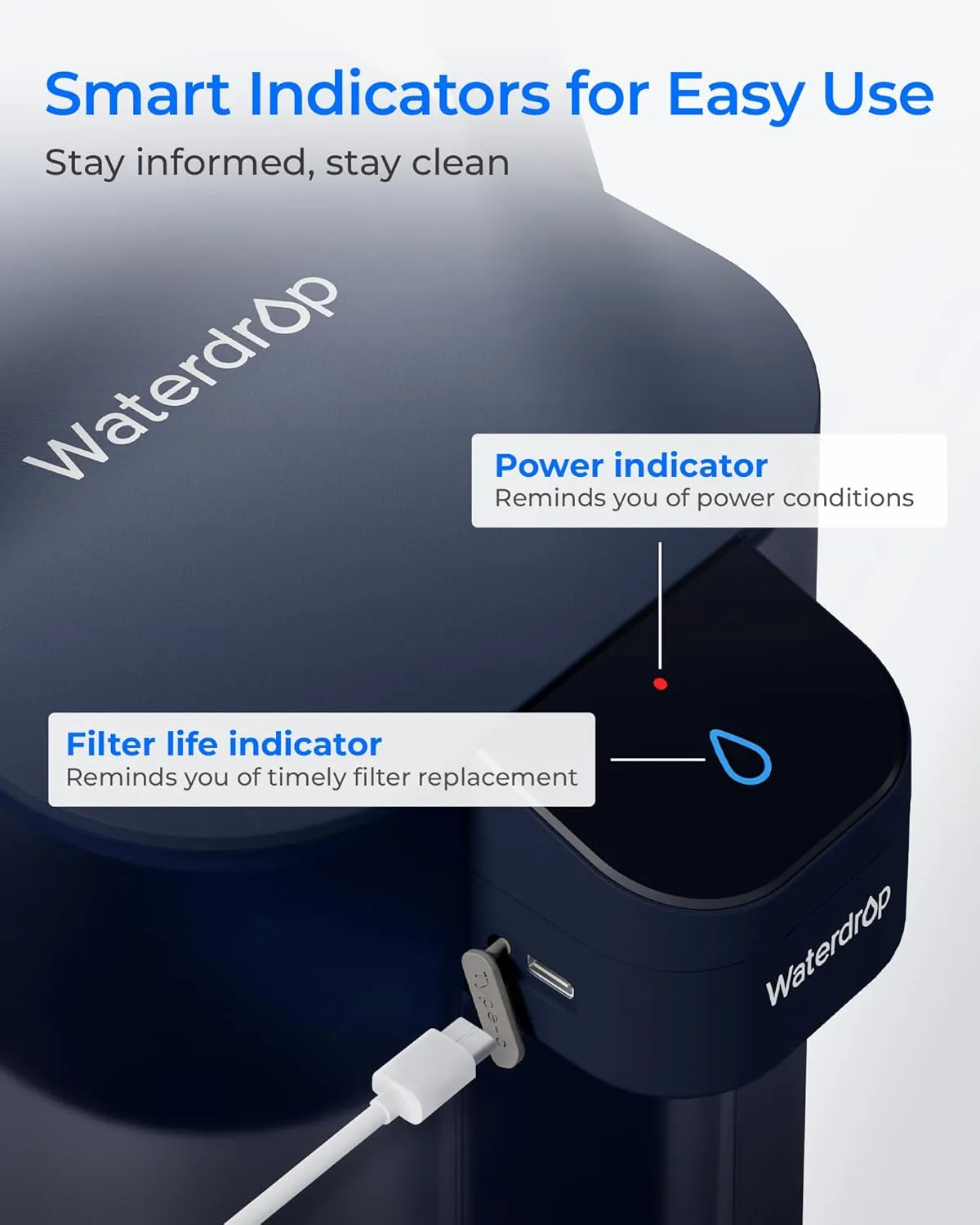 Waterdrop Rechargeable Water Filter Dispenser, 200-Gallon Water Pitcher, Instant 15-Cup Countertop System, 10X Filtration Efficiency, Reduce 98% Chlorine and 20  Contaminants, Navy Blue